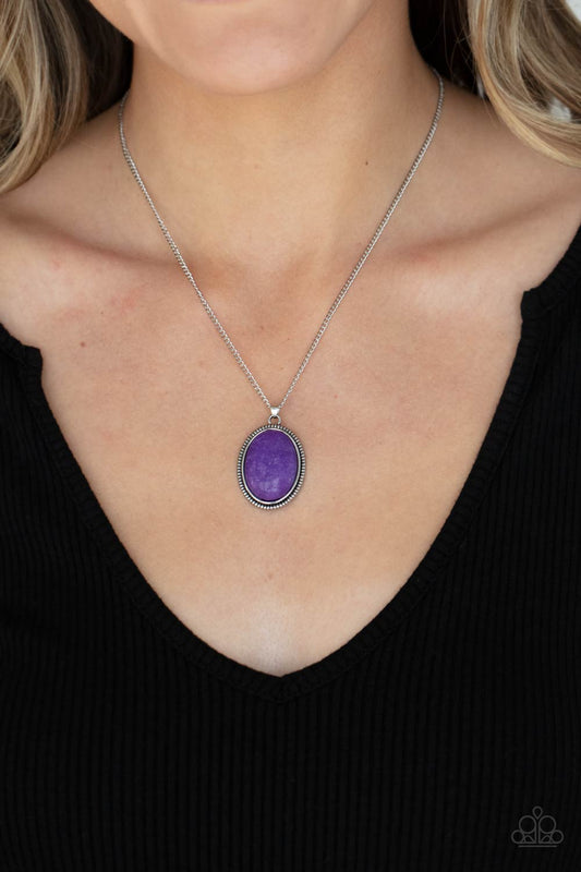 Tranquil Talisman Purple Necklace - Paparazzi Accessories  An oval Amethyst Orchid stone is pressed into the center of a studded silver frame, creating a tranquil pendant below the collar. Features an adjustable clasp closure.  All Paparazzi Accessories are lead free and nickel free!  Sold as one individual necklace. Includes one pair of matching earrings.