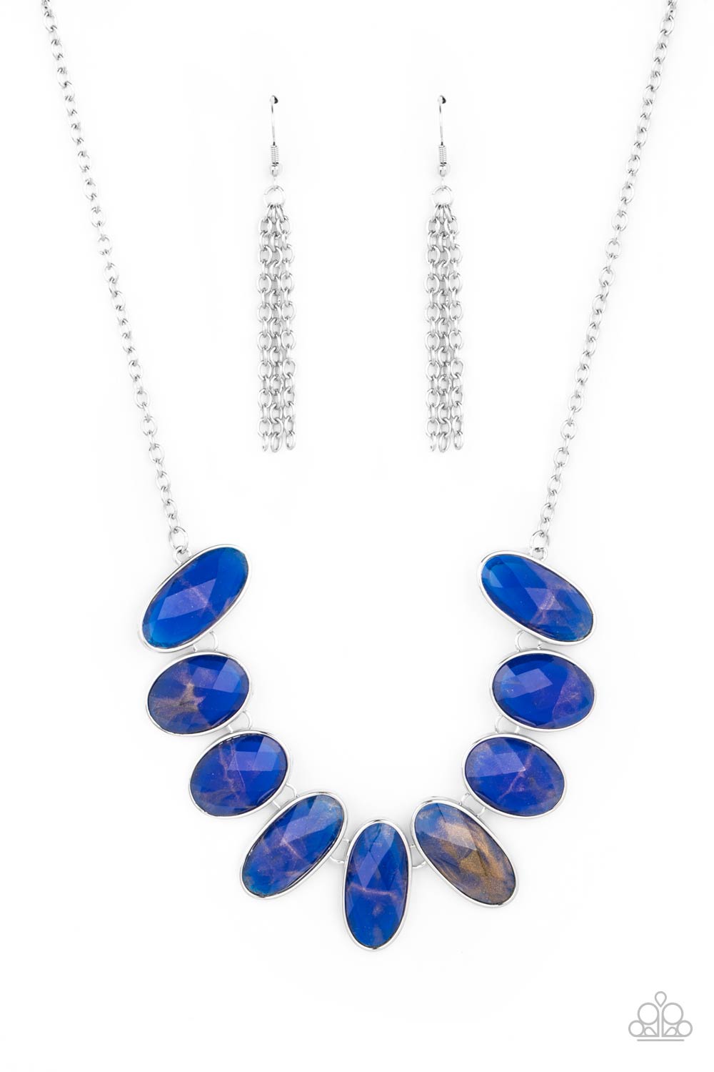 Elliptical Episode Blue Necklace - Paparazzi Accessories  Generous bright blue glassy gems, dusted in shimmery gold, lay in silver oval frames and link across the collar creating a glimmering statement. Features an adjustable clasp closure.  All Paparazzi Accessories are lead free and nickel free!   Sold as one individual necklace. Includes one pair of matching earrings.