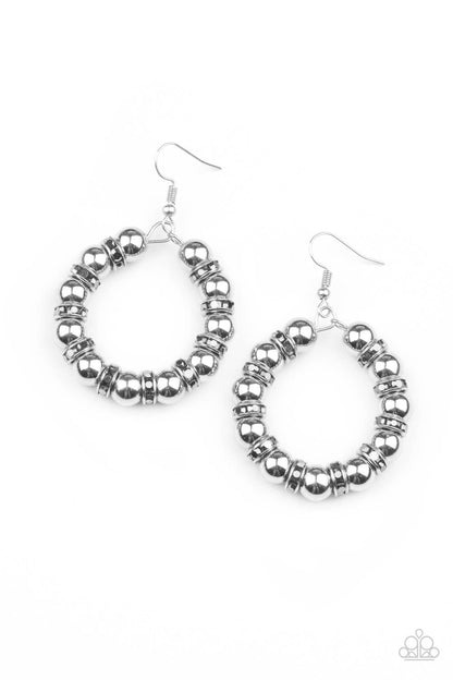 Cosmic Halo Silver Earring - Paparazzi Accessories  Glistening silver beads and iridescent hematite encrusted rings alternate along a dainty wire hoop, creating a glamorous display. Earring attaches to a standard fishhook fitting.  All Paparazzi Accessories are lead free and nickel free!  Sold as one pair of earrings.