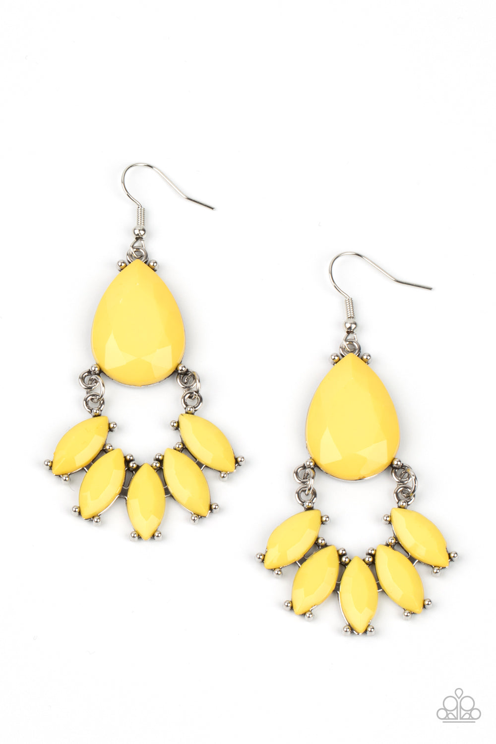POWERHOUSE Call Yellow Earring - Paparazzi Accessories.  A curved row of marquise cut Illuminating beads attaches to the bottom of a dramatically oversized teardrop Illuminating bead, coalescing into a glamorous lure. Earring attaches to a standard fishhook fitting.  ﻿﻿﻿All Paparazzi Accessories are lead free and nickel free!  Sold as one pair of earrings.
