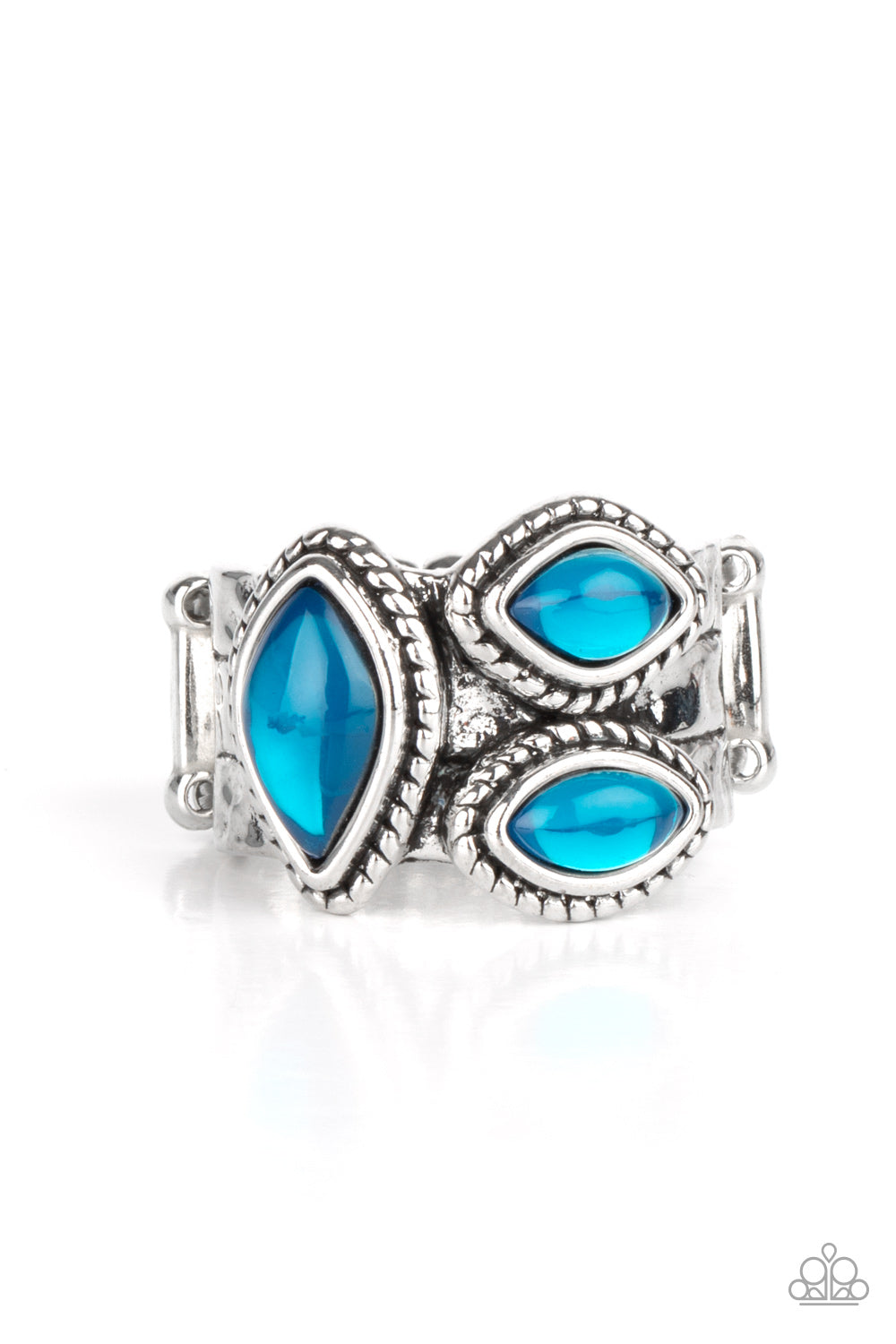 The Charisma Collector Blue Ring - Paparazzi Accessories  A trio of glassy blue marquise beads embellish the front of a hammered silver band etched in faux layers, creating an ethereal display atop the finger. Features a stretchy band for a flexible fit.  All Paparazzi Accessories are lead free and nickel free!  Sold as one individual ring.