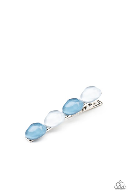 Bubbly Reflections Blue Hair Clip - Paparazzi Accessories. Featuring light-scattering refractions, asymmetrical French Blue and Cerulean glassy pebble-like beads adorn the front of a classic bobby pin.  All Paparazzi Accessories are lead free and nickel free!  Sold as one individual decorative bobby pin.