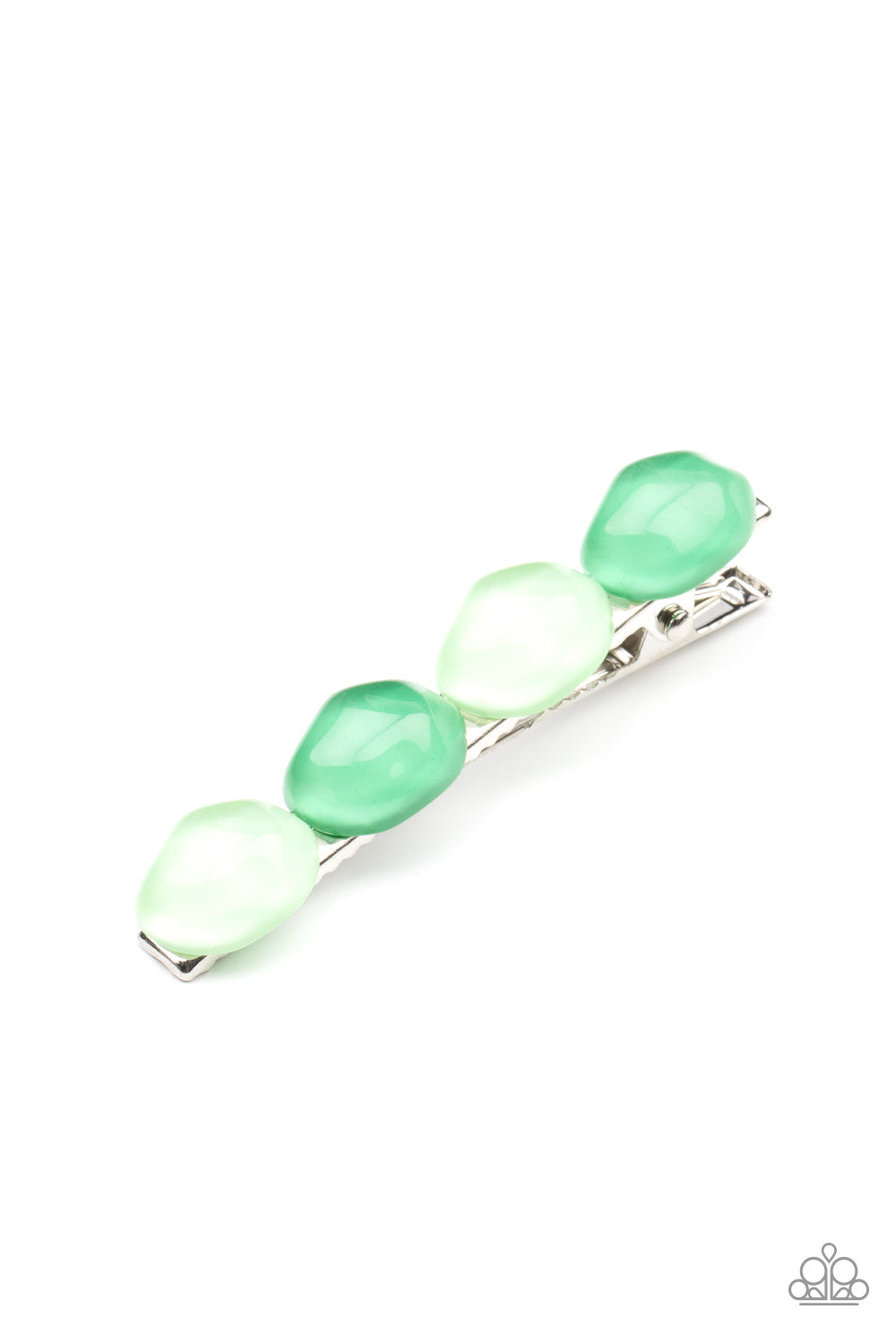 Bubbly Reflections Green Hair Clip - Paparazzi Accessories  Featuring light-scattering refractions, asymmetrical Mint and Green Ash glassy pebble-like beads adorn the front of a classic bobby pin.  All Paparazzi Accessories are lead free and nickel free!  Sold as one individual decorative bobby pin.