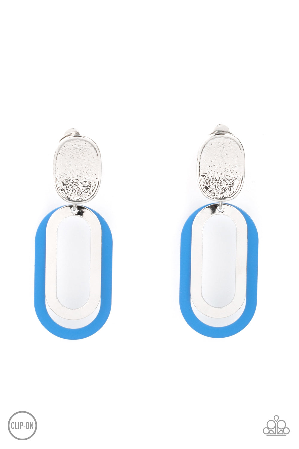 Melrose Mystery Blue Clip-On Earring - Paparazzi Accessories  Shiny silver and French Blue oblong hoops dangle from a shimmery textured silver oval disc for an upscale finale. Earring attaches to a standard clip-on fitting.  All Paparazzi Accessories are lead free and nickel free!  Sold as one pair of clip-on earrings.