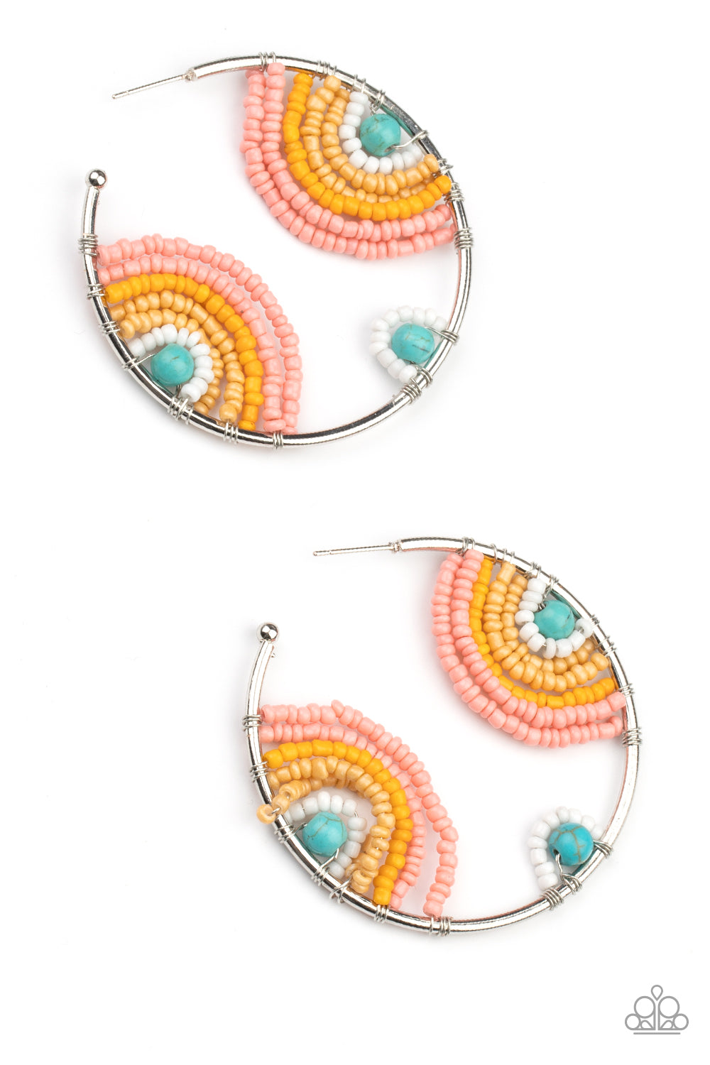 Rainbow Horizons Multi Hoop Earring - Paparazzi Accessories  Rows of white, Desert Mist, Marigold, and Burnt Coral seed beads curl around turquoise stone centers, creating colorful rainbows inside a delicate wire wrapped hoop. Hoop measures approximately 2" in diameter. Earring attaches to a standard post fitting.  All Paparazzi Accessories are lead free and nickel free!  Sold as one pair of hoop earrings.