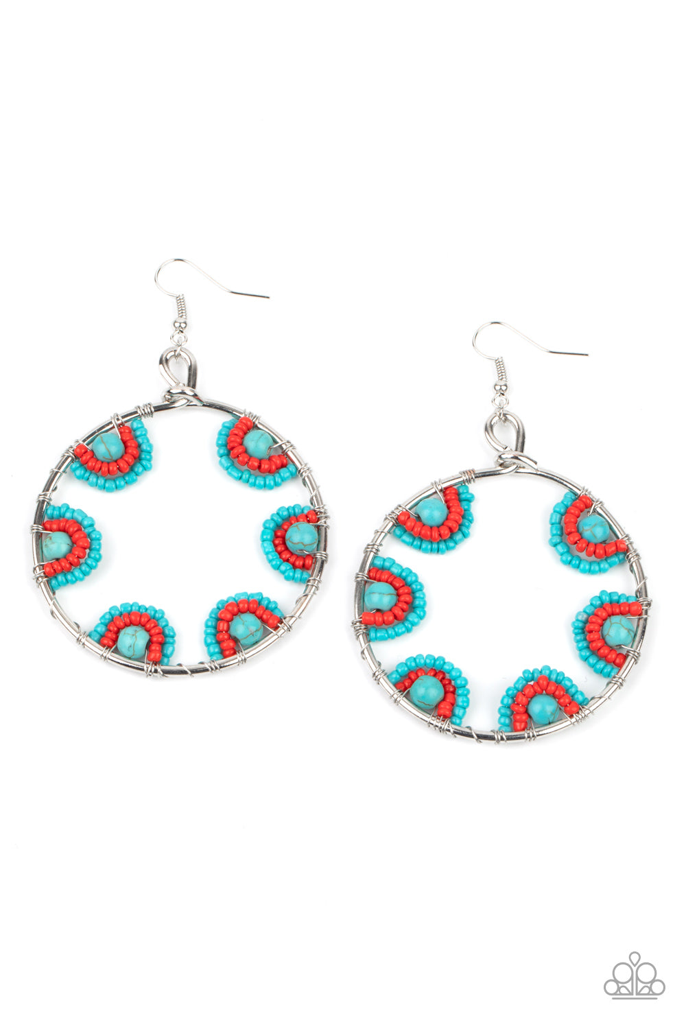 Off The Rim Blue Earring - Paparazzi Accessories  Red and turquoise seed beads are threaded on wires and looped over turquoise stones on the inside of a spacious silver hoop. The pattern makes its way around the inside of the circle for an around-the-world air. Earring attaches to a standard fishhook fitting.  All Paparazzi Accessories are lead free and nickel free!  Sold as one pair of earrings.