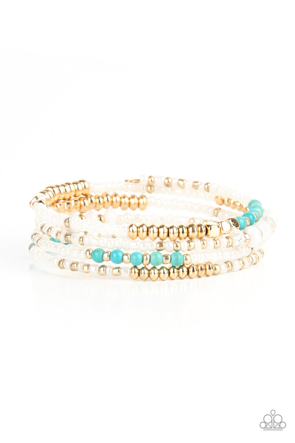 Infinitely Dreamy Gold Bracelet - Paparazzi Accessories  Sections of pearly white seed beads alternate with gold, turquoise, and crystal-like beads in infinite rows. The dreamy colors are threaded along a continuous strand of wire for an infinity wrap-style bracelet around the wrist.  All Paparazzi Accessories are lead free and nickel free!   Sold as one individual bracelet.