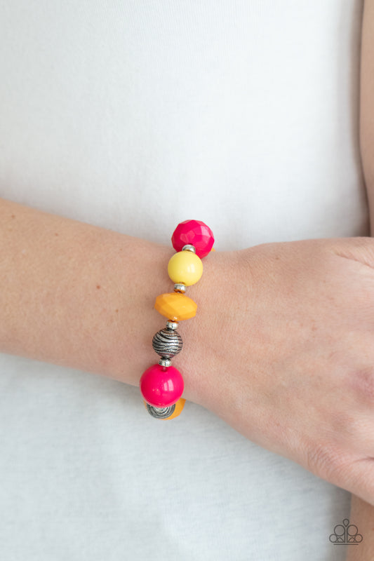 Day Trip Discovery Multi Bracelet - Paparazzi Accessories  A collection of brightly colored Raspberry Sorbet, Marigold, and Primrose beads in smooth round and faceted shapes, are threaded along a stretchy band. Accents of silver beads etched in linear designs adds a down to earth finish to the whimsical bracelet.  All Paparazzi Accessories are lead free and nickel free!  Sold as one individual bracelet.