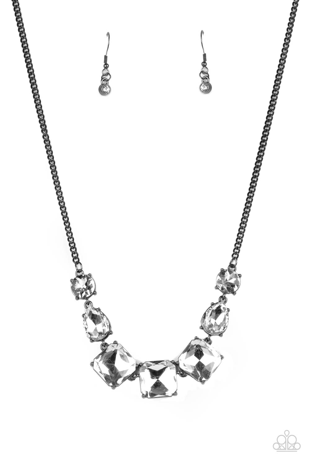 Unfiltered Confidence Black Necklace - Paparazzi Accessories  A trio of brilliant white square cut gems encased in classic gunmetal fittings takes center stage. Teardrop and round gems link to a gunmetal chain on either side of the trio for a striking display below the collar. Features an adjustable clasp closure.  Sold as one individual necklace. Includes one pair of matching earrings.