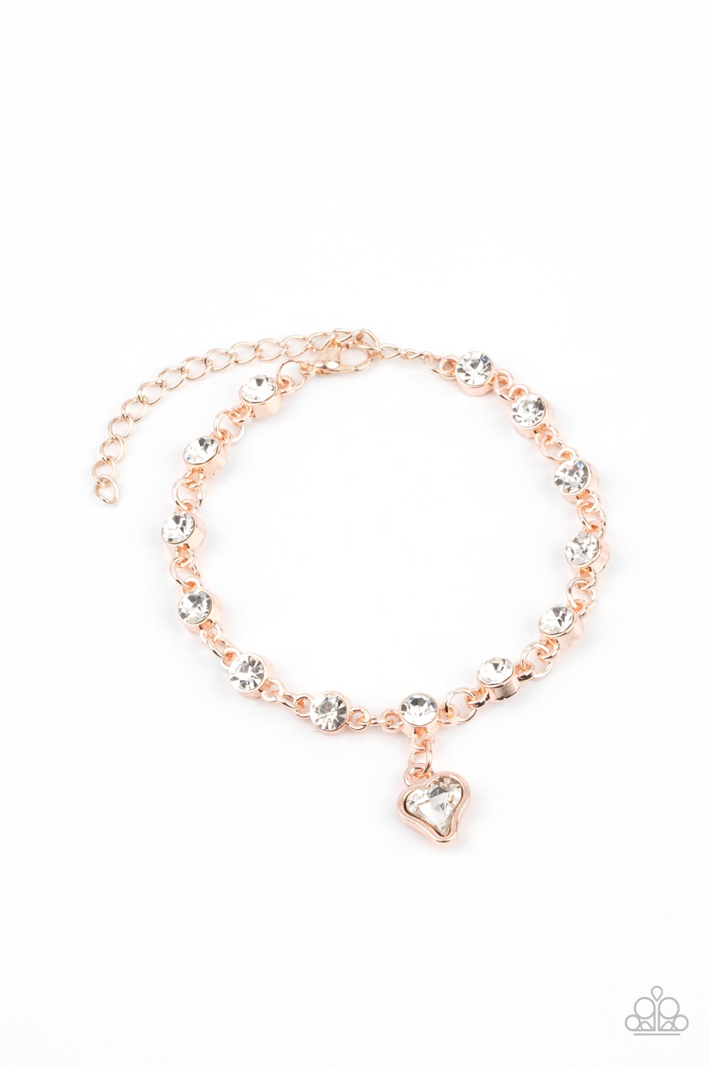 Sweet Sixteen Rose Gold Bracelet - Paparazzi Accessories  Brilliant white rhinestones in rose gold settings are linked together and accented with a charming white rhinestone heart that dangles sweetly from the wrist. Features an adjustable clasp closure.  All Paparazzi Accessories are lead free and nickel free!  Sold as one individual bracelet.