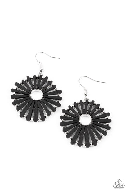SPOKE Too Soon Black Wood Earring - Paparazzi Accessories  Painted in a black finish, petal-like wooden frames asymmetrically flare out from an airy silver center, creating a rustic floral display. Earring attaches to a standard fishhook fitting.  Sold as one pair of earrings.