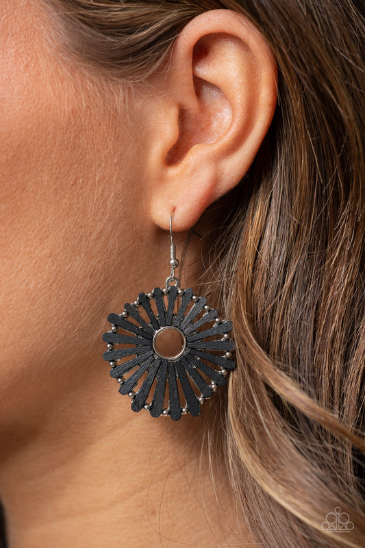 SPOKE Too Soon Black Wood Earring - Paparazzi Accessories  Painted in a black finish, petal-like wooden frames asymmetrically flare out from an airy silver center, creating a rustic floral display. Earring attaches to a standard fishhook fitting.  Sold as one pair of earrings.
