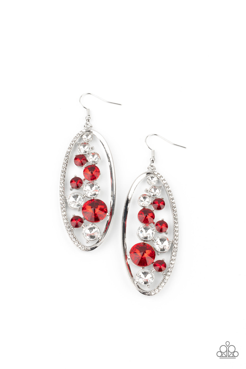 Rock Candy Bubbly Red Earring - Paparazzi Accessories  An oversized collection of glassy white and glittery red rhinestones sparkle inside a silver oval frame. One side of the frame is encrusted in dainty white rhinestones, adding a refined flair to the bubbly lure. Earring attaches to a standard fishhook fitting.  All Paparazzi Accessories are lead free and nickel free!  Sold as one pair of earrings.