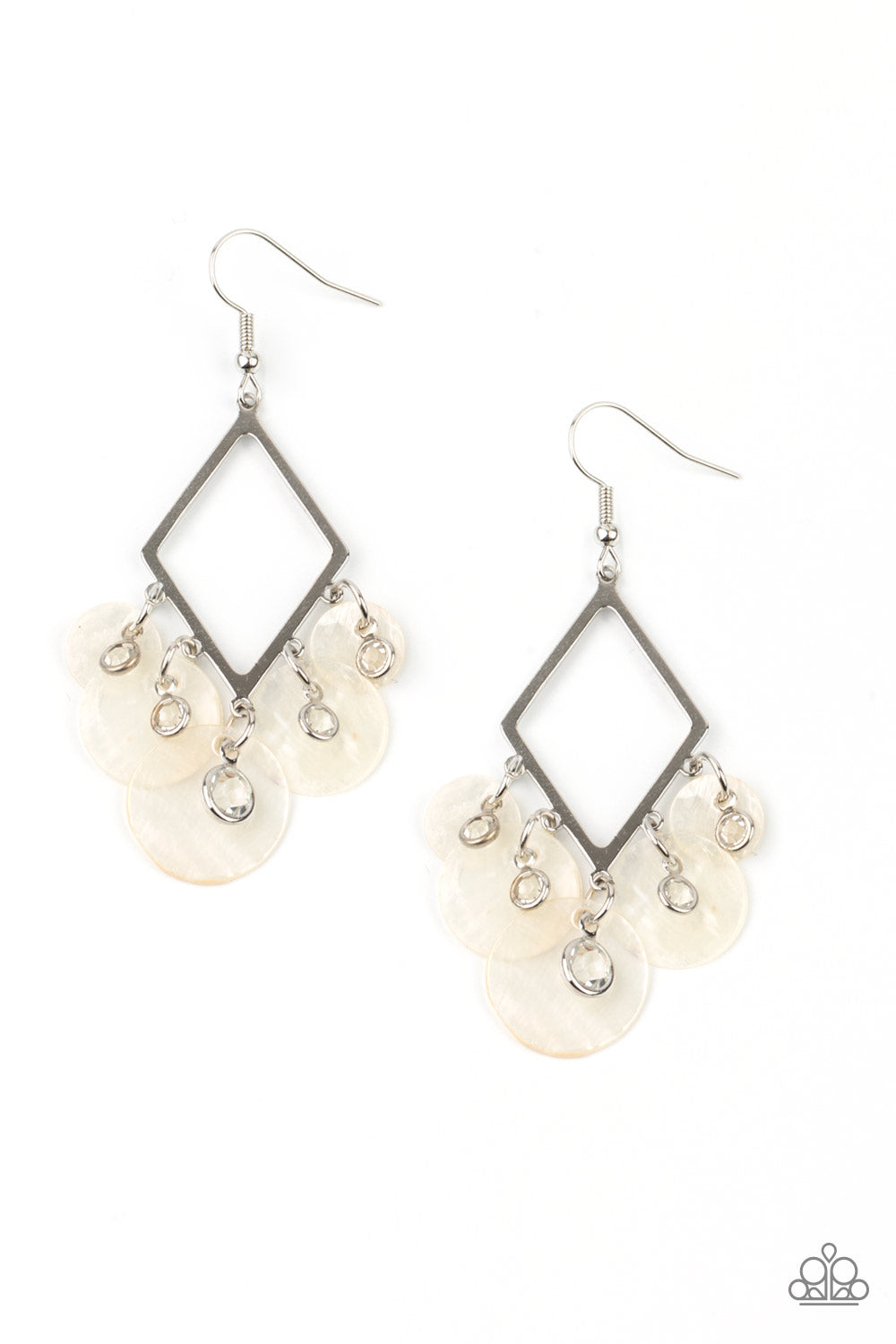 Pomp And Circumstance White Earring - Paparazzi Accessories. Gradually increasing in size, a glimmering collection of glassy white rhinestones and iridescent white shell-like discs cascade from the bottom of a diamond shaped silver frame, creating a flirtatious fringe. Earring attaches to a standard fishhook fitting.  All Paparazzi Accessories are lead free and nickel free!  Sold as one pair of earrings.