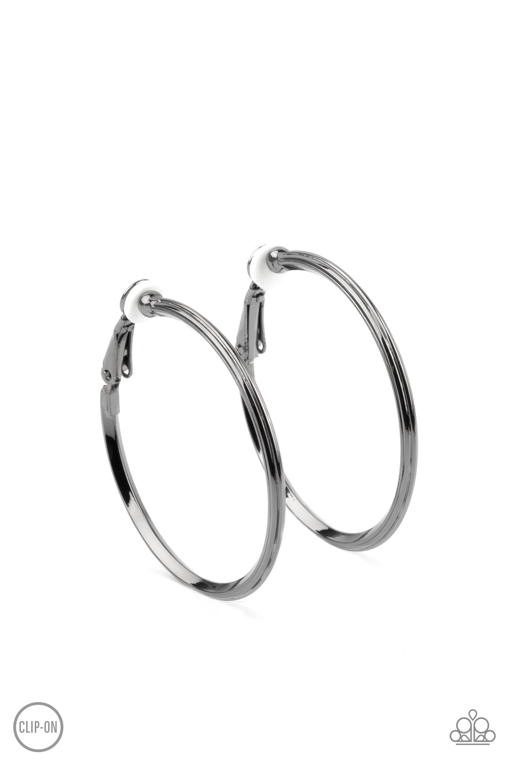 City Classic Black Clip-On Hoop Earring - Paparazzi Accessories  Etched in fine lines, a beveled gunmetal hoop curls around the ear for a classic look. Hoop measures approximately 1 1/2" in diameter. Earring attaches to a standard clip-on fitting.  All Paparazzi Accessories are lead free and nickel free!  Sold as one pair of clip-on earrings.