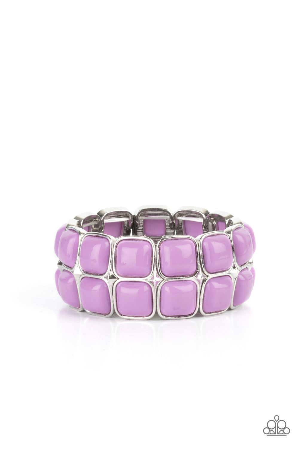 Double The DIVA-ttitude Purple Bracelet - Paparazzi Accessories  Stacks of cubed Amethyst Orchid beaded silver frames are threaded along a stretchy band around the wrist, creating a bubbly pop of color.  All Paparazzi Accessories are lead free and nickel free!  Sold as one individual bracelet.