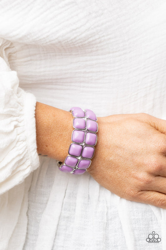 Double The DIVA-ttitude Purple Bracelet - Paparazzi Accessories  Stacks of cubed Amethyst Orchid beaded silver frames are threaded along a stretchy band around the wrist, creating a bubbly pop of color.  All Paparazzi Accessories are lead free and nickel free!  Sold as one individual bracelet.