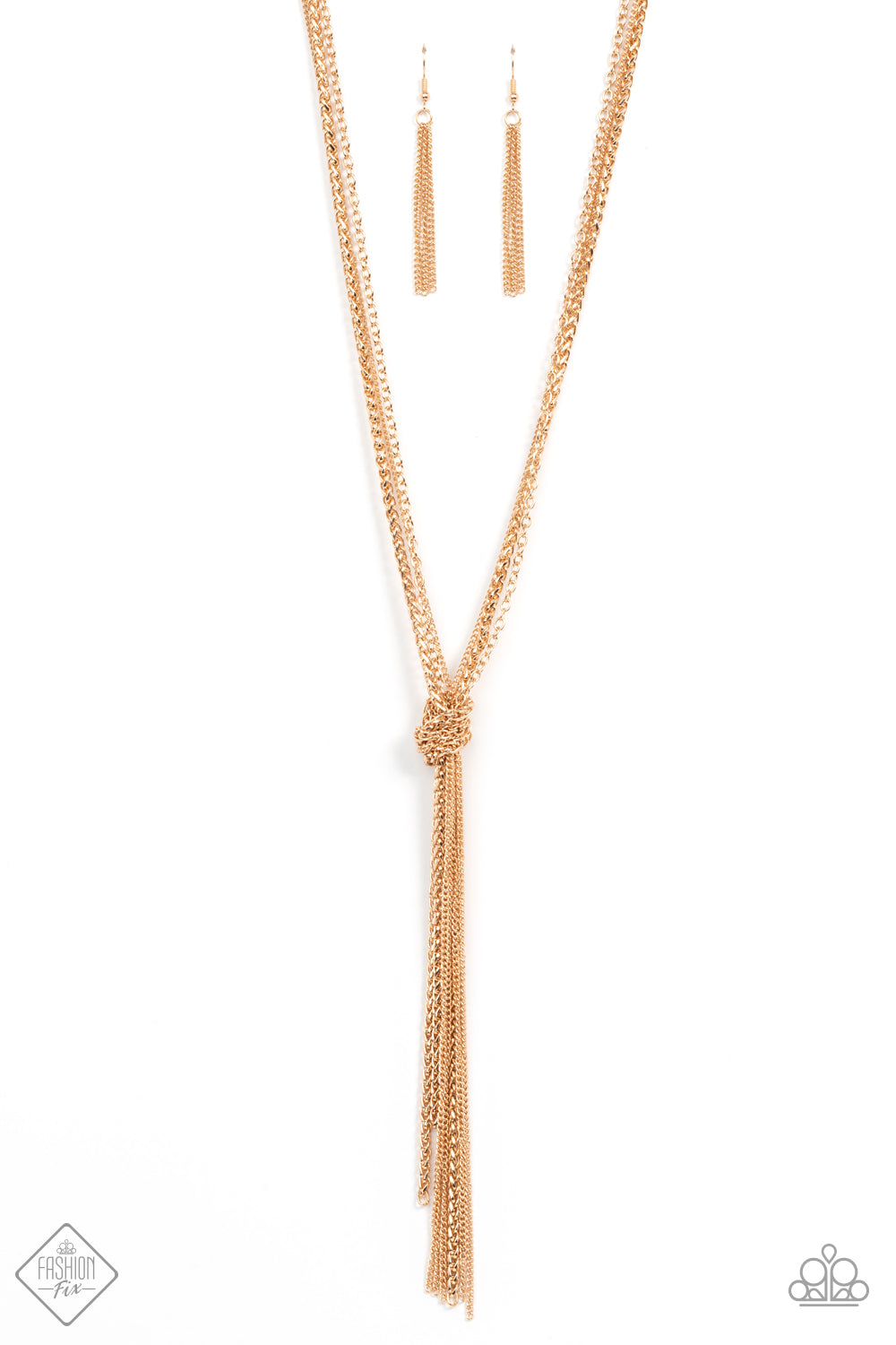KNOT All There Gold Necklace - Paparazzi Accessories  Strands of long glistening gold chains in round, delicate, and classic styles are pulled together in a sassy knot creating a show-stopping fringe tassel and a flirty finish. Features an adjustable clasp closure.  All Paparazzi Accessories are lead free and nickel free!  Sold as one individual necklace. Includes one pair of matching earrings.