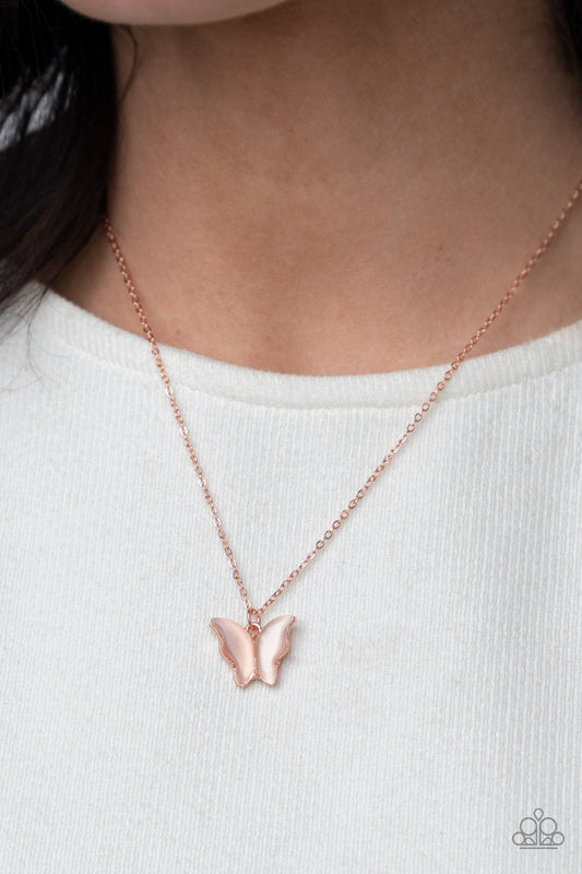 Butterfly Prairies Copper Necklace - Paparazzi Accessories  Infused with glistening cat's eye stone wings, a shiny copper butterfly pendant swings from a dainty shiny copper chain below the collar for a whimsy flair. Features an adjustable clasp closure.  Sold as one individual necklace. Includes one pair of matching earrings.