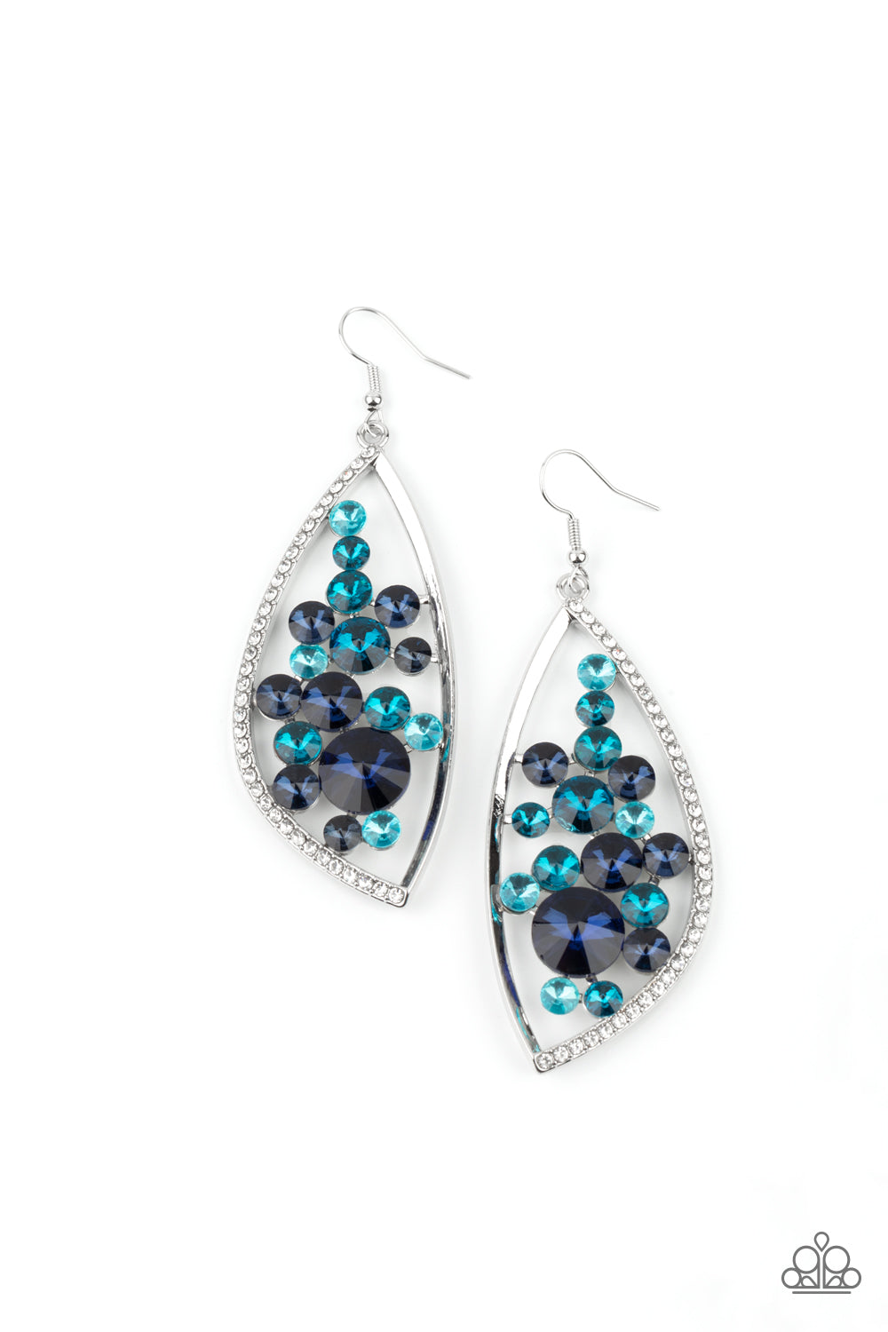 Sweetly Effervescent Blue Earring - Paparazzi Accessories  A bubbly collection of light to dark blue rhinestones coalesce inside an asymmetrical silver frame. One side of the frame is encrusted in glassy white rhinestones, adding a refined flair to the bubbly lure. Earring attaches to a standard fishhook fitting.  All Paparazzi Accessories are lead free and nickel free!  Sold as one pair of earrings.