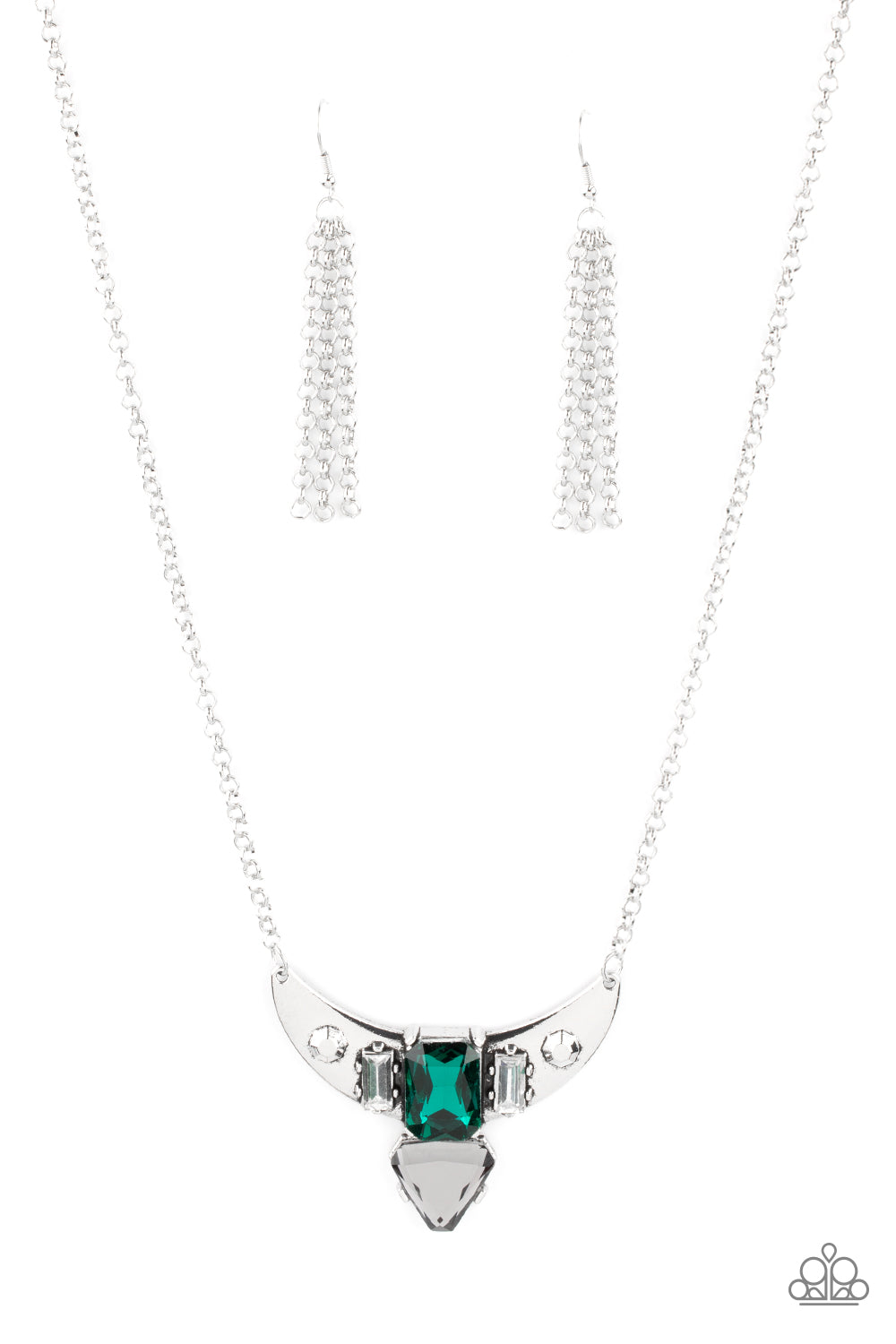 You the TALISMAN! Green Necklace - Paparazzi Accessories  Pairs of faceted silver beads and glassy white emerald cut gems flank an oversized emerald cut green gem atop an antiqued silver half moon frame. A smoky triangular cut gem adorns the bottom of the pendant, creating a twinkly talisman at the bottom of a classic silver chain. Features an adjustable clasp closure.  All Paparazzi Accessories are lead free and nickel free!  Sold as one individual necklace. Includes one pair of matching earrings.