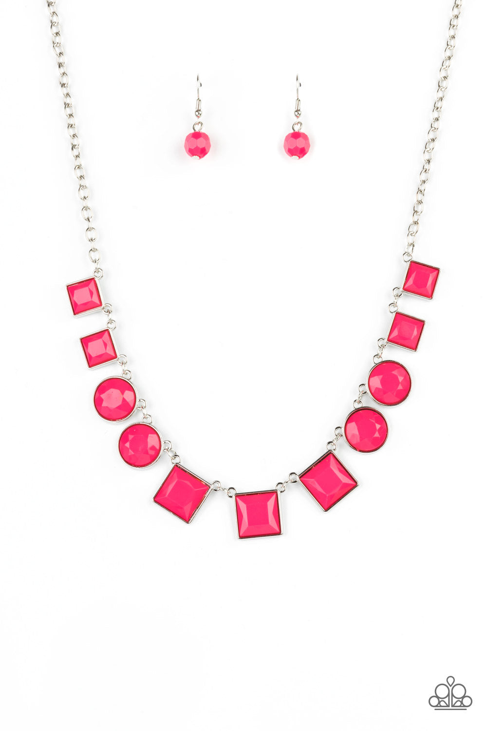 Tic Tac TREND Pink Necklace - Paparazzi Accessories  Bright geometric square and round beads in the Pantone® of Raspberry Sorbet are pressed into simple silver frames to create a lively statement below the collar. Features an adjustable clasp closure.  All Paparazzi Accessories are lead free and nickel free!  Sold as one individual necklace. Includes one pair of matching earrings.