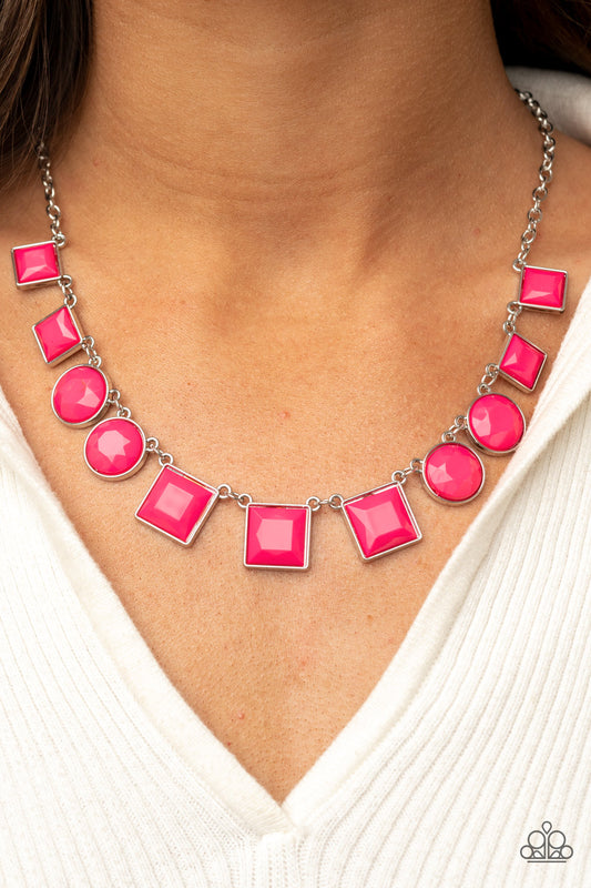 Tic Tac TREND Pink Necklace - Paparazzi Accessories  Bright geometric square and round beads in the Pantone® of Raspberry Sorbet are pressed into simple silver frames to create a lively statement below the collar. Features an adjustable clasp closure.  All Paparazzi Accessories are lead free and nickel free!  Sold as one individual necklace. Includes one pair of matching earrings.