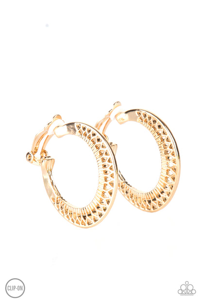 Moon Child Charisma Gold Clip-On Earring - Paparazzi Accessories  Stenciled in a petal-like texture, a gold frame delicately curves into a floral patterned hoop. Earring attaches to a standard clip-on fitting.  Sold as one pair of clip-on earrings.