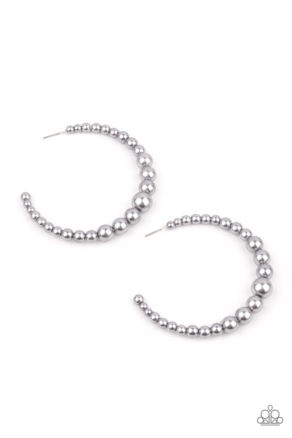 Glamour Graduate Silver Hoop Earring - Paparazzi Accessories  Gradually increasing in size at the center, a classic row of pearly silver beads are threaded along an oversized hoop for a posh finish. Earring attaches to a standard post fitting. Hoop measures approximately 2 1/4" in diameter.  All Paparazzi Accessories are lead free and nickel free!  Sold as one pair of hoop earrings.