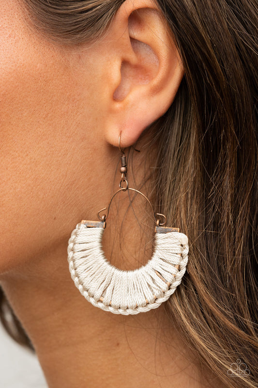 Threadbare Beauty Copper Earring - Paparazzi Accessories  Shiny thread wraps and knots around a copper half moon frame, creating a rustic boho frame. Earring attaches to a standard fishhook fitting.  All Paparazzi Accessories are lead free and nickel free!  Sold as one pair of earrings.