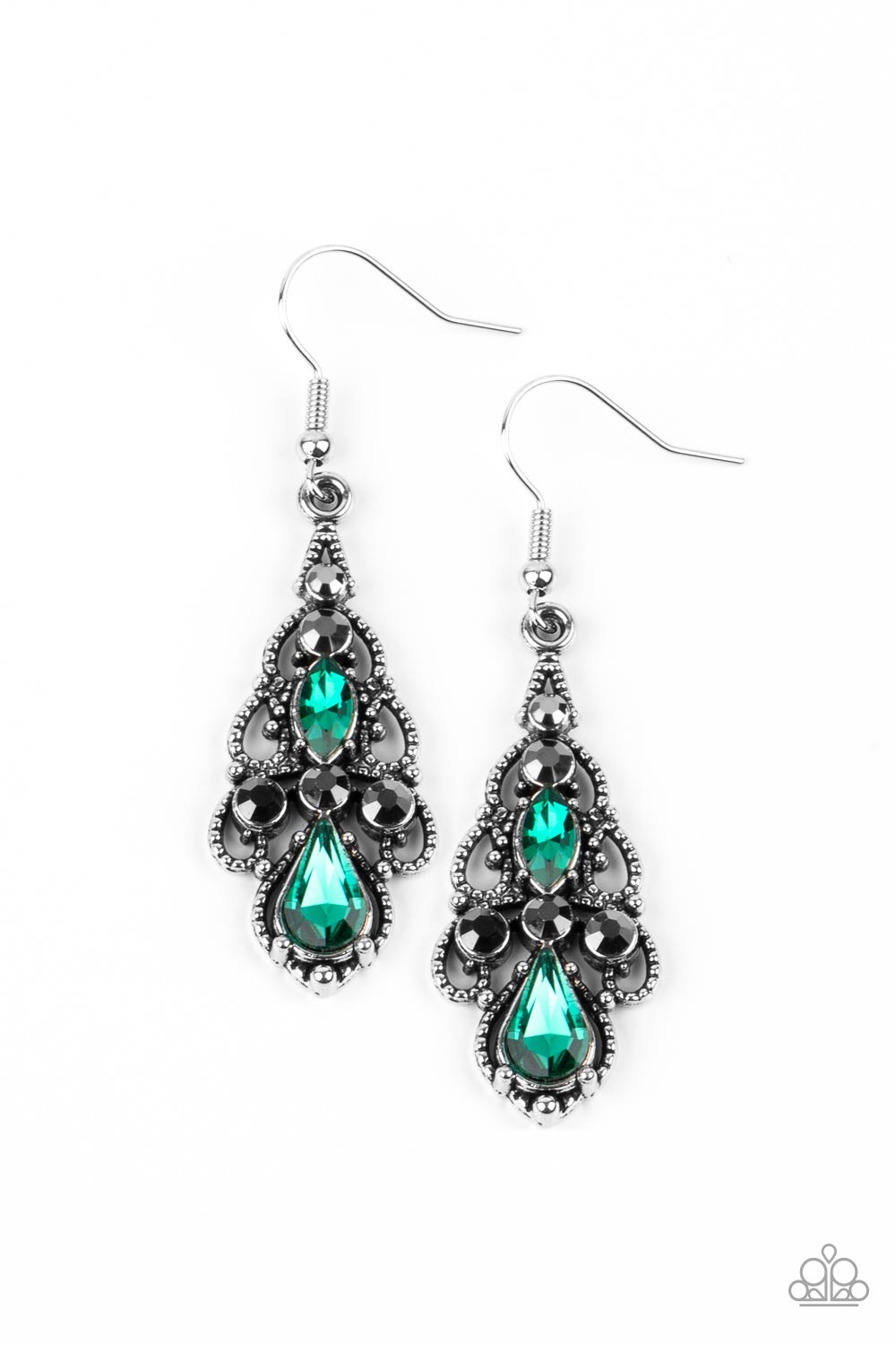 Urban Radiance Green Earring - Paparazzi Accessories  Embellished in mismatched green and hematite rhinestones, studded silver filigree swirls into an airy chandelier, creating a regal lure. Earring attaches to a standard fishhook fitting.  All Paparazzi Accessories are lead free and nickel free!  Sold as one pair of earrings.
