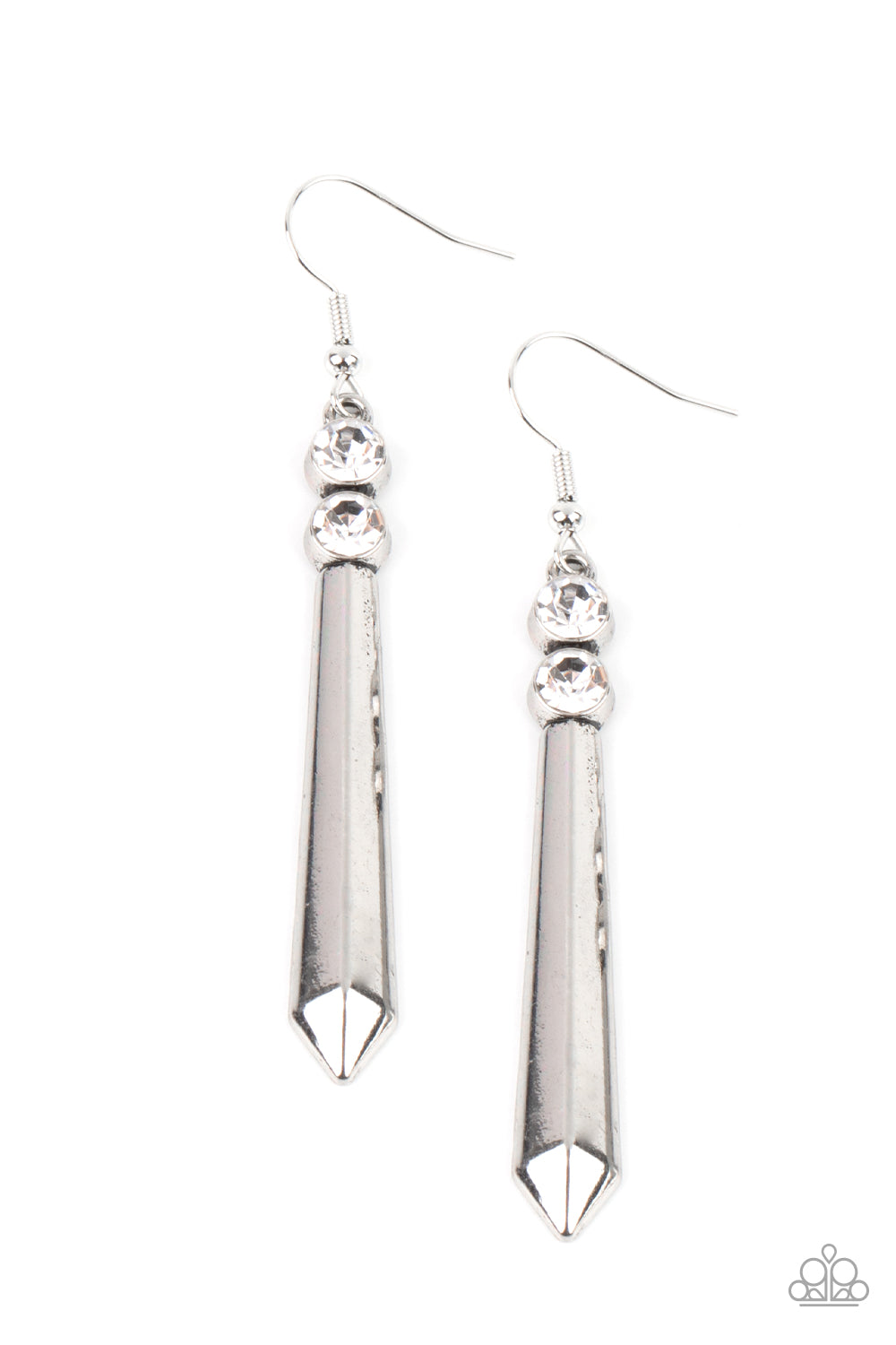 Sparkle Stream White Earring - Paparazzi Accessories  A pair of glittery white rhinestones crowns a flared silver rod, creating a sharp-looking lure. Earring attaches to a standard fishhook fitting.  All Paparazzi Accessories are lead free and nickel free!  Sold as one pair of earrings.