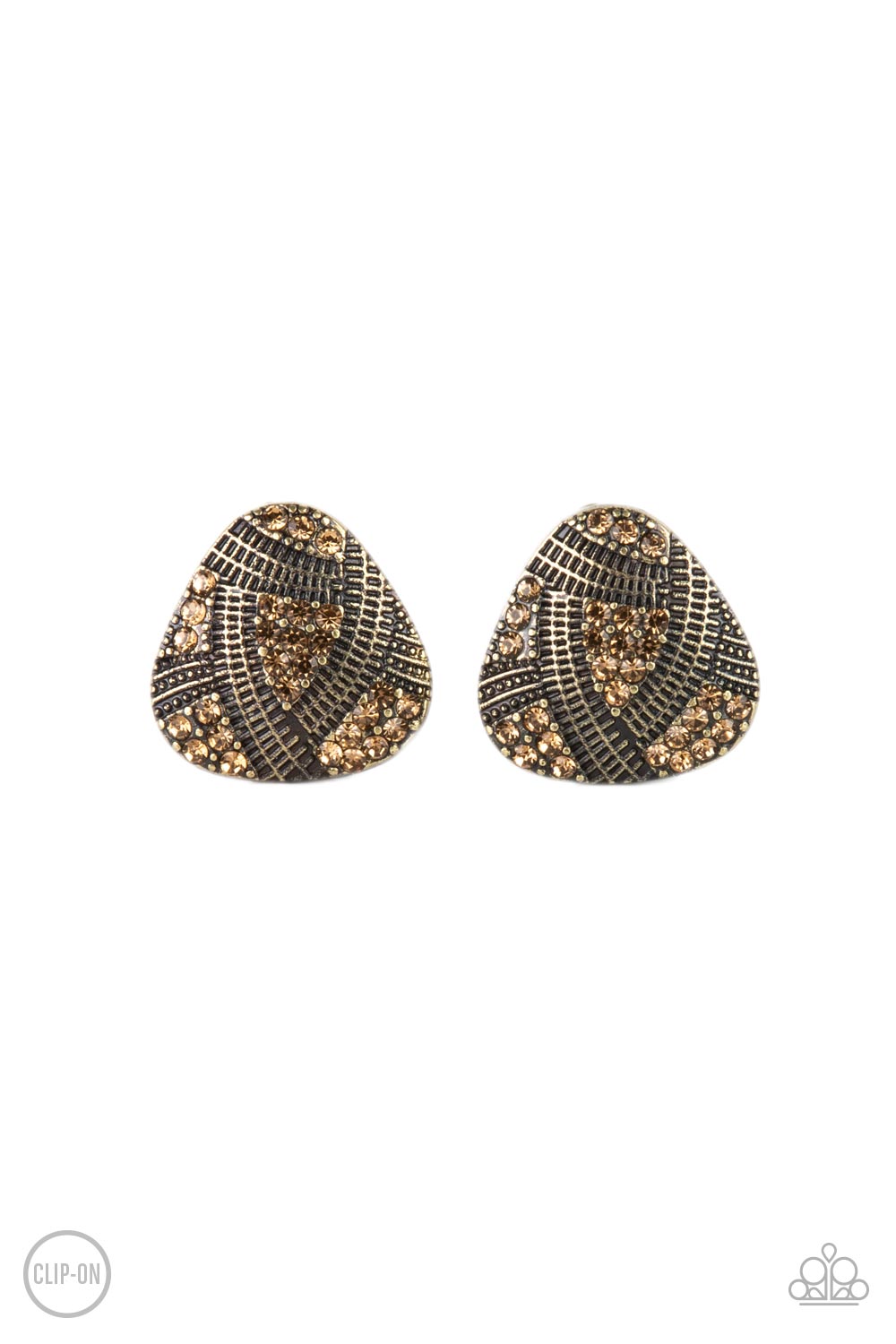 Gorgeously Galleria Brass Clip-On Earring - Paparazzi Accessories  Studded and textured ribbons of brass wrap around sections of golden topaz rhinestones, creating an edgy display. Earring attaches to a standard clip-on fitting.  ﻿All Paparazzi Accessories are lead free and nickel free!  Sold as one pair of clip-on earrings.