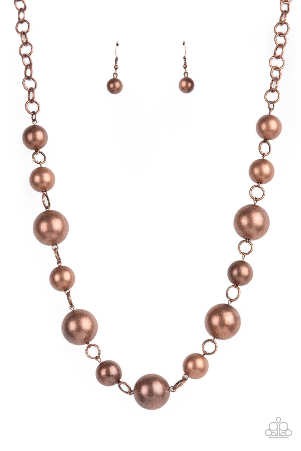 Commanding Composure Copper Necklace - Paparazzi Accessories  An oversized collection of intense copper beads boldly link below the collar, creating a dramatic industrial display. Features an adjustable clasp closure.  All Paparazzi Accessories are lead free and nickel free!  Sold as one individual necklace. Includes one pair of matching earrings.