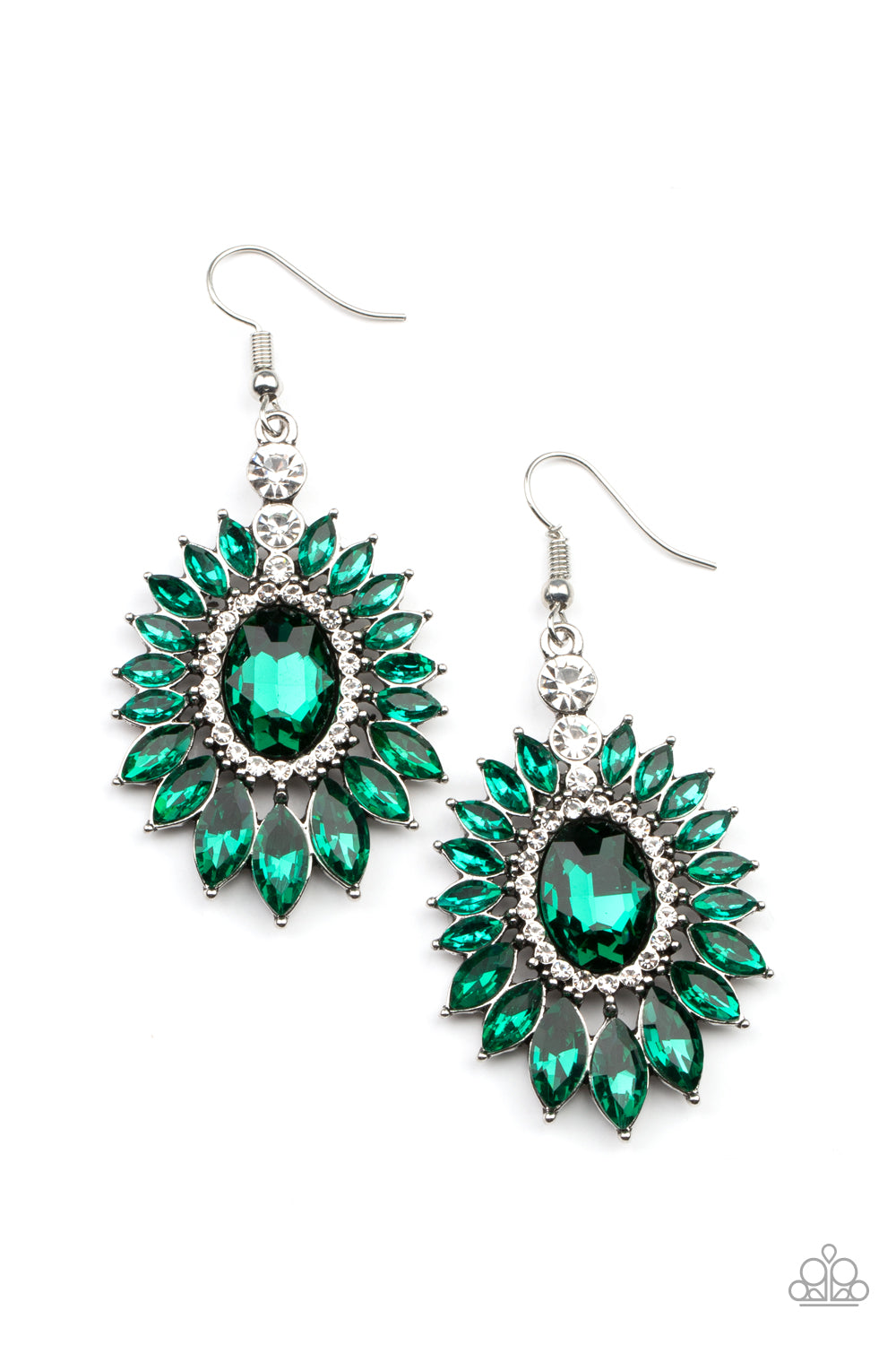 Big Time Twinkle Green Earring - Paparazzi Accessories   Glittery dark green marquise cut rhinestones fan out from a green oval gem center bordered in dainty white rhinestones, creating a sparkly floral frame. Earring attaches to a standard fishhook fitting.  All Paparazzi Accessories are lead free and nickel free!  Sold as one pair of earrings.