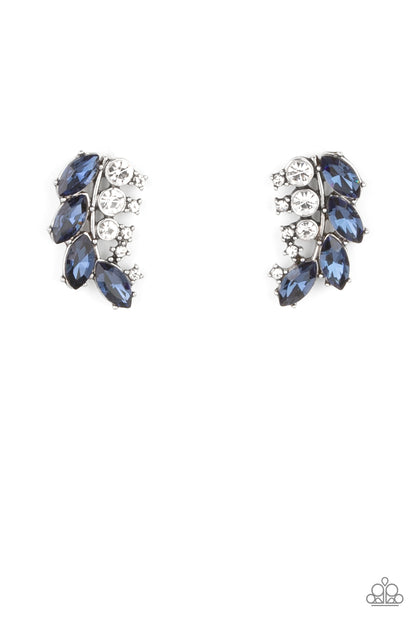 Flawless Fronds Blue Post Earring - Paparazzi Accessories  A frond of dazzling blue marquise and round white rhinestones delicately curves below the ear for a flawless finish. Earring attaches to a standard post fitting.  Sold as one pair of post earrings.
