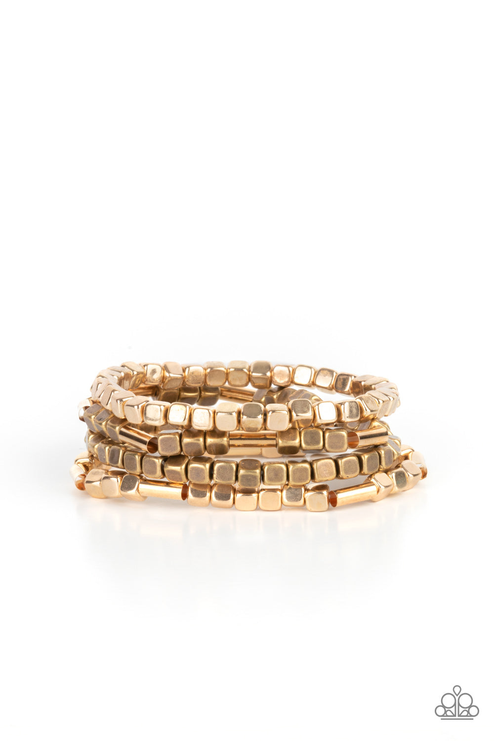 Metro Materials Multi Bracelet - Paparazzi Accessories  Lightweight and flirty, two strands of gold and brass square beads interspersed with gold cylinders, are paired with two strands of gold and brass cubes. The four stretchy bracelets come together to create an irresistible stack of metallic mayhem.  All Paparazzi Accessories are lead free and nickel free!  Sold as one set of four bracelets.