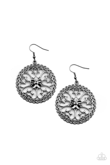 Floral Fortunes Black Earring - Paparazzi Accessories. Airy butterfly shaped gunmetal frames fan out from a gunmetal flower, creating a whimsical centerpiece inside a hoop of dainty gunmetal infinity accents. Earring attaches to a standard fishhook fitting.  All Paparazzi Accessories are lead free and nickel free!  Sold as one pair of earrings.