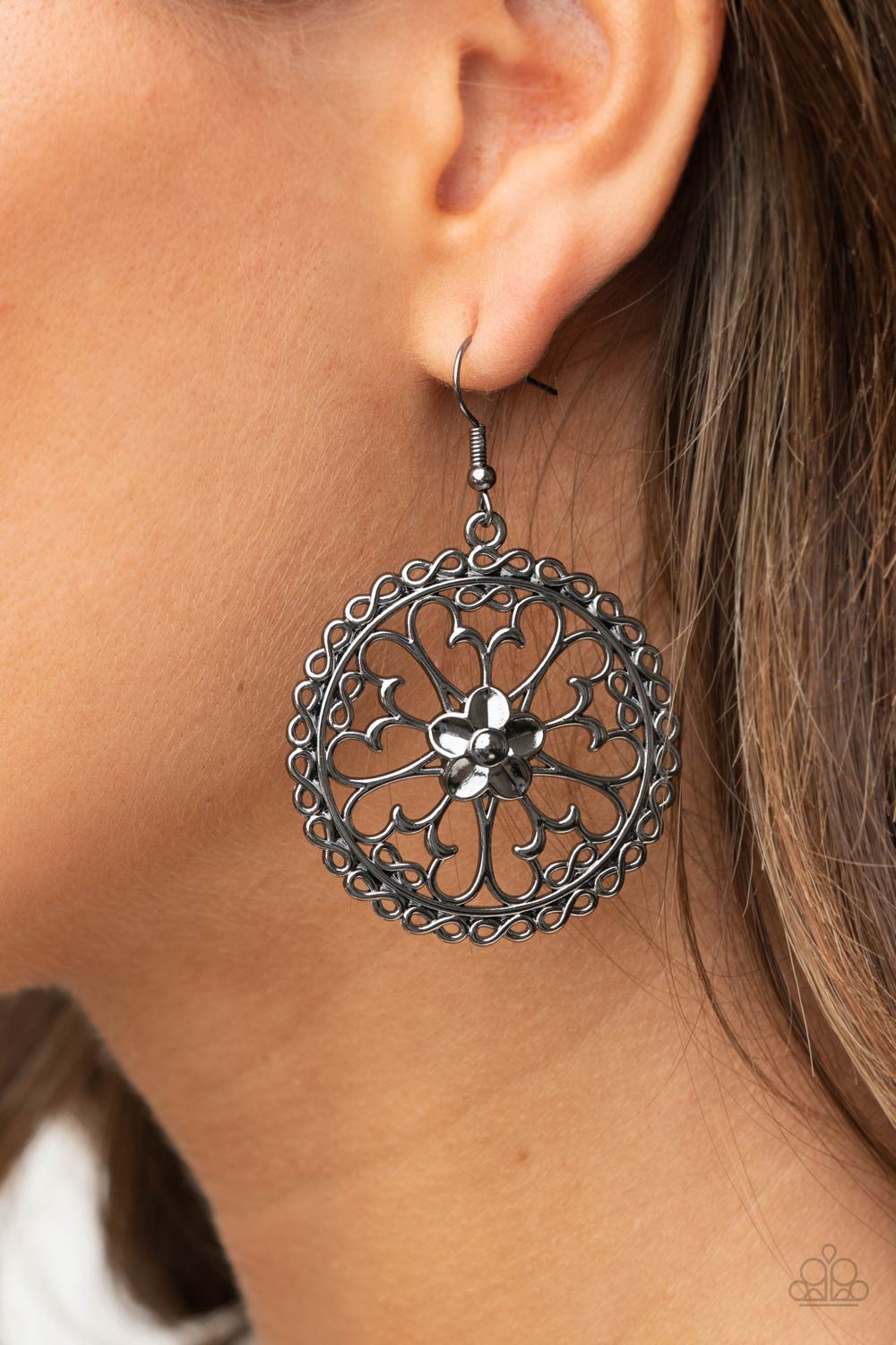 Floral Fortunes Black Earring - Paparazzi Accessories. Airy butterfly shaped gunmetal frames fan out from a gunmetal flower, creating a whimsical centerpiece inside a hoop of dainty gunmetal infinity accents. Earring attaches to a standard fishhook fitting.  All Paparazzi Accessories are lead free and nickel free!  Sold as one pair of earrings.