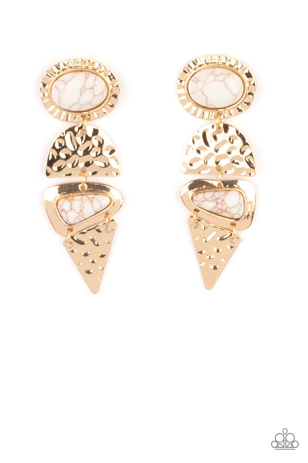 Earthy Extravagance Gold Post Earring - Paparazzi Accessories  Dotted with oval and triangular white stone accents, mismatched gold frames alternate with hammered geometric gold plates, creating an elegantly earthy lure. Earring attaches to a standard post fitting.  All Paparazzi Accessories are lead free and nickel free!   Sold as one pair of post earrings.