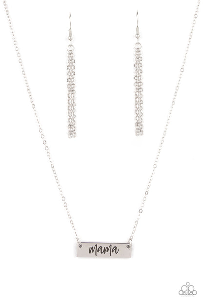 Blessed Mama Silver Necklace - Paparazzi Accessories  Stamped in the word, "Mama," a rectangular silver plate is suspended below the collar by a dainty silver chain, creating a whimsy inspirational pendant. Features an adjustable clasp closure.  Sold as one individual necklace. Includes one pair of matching earrings.