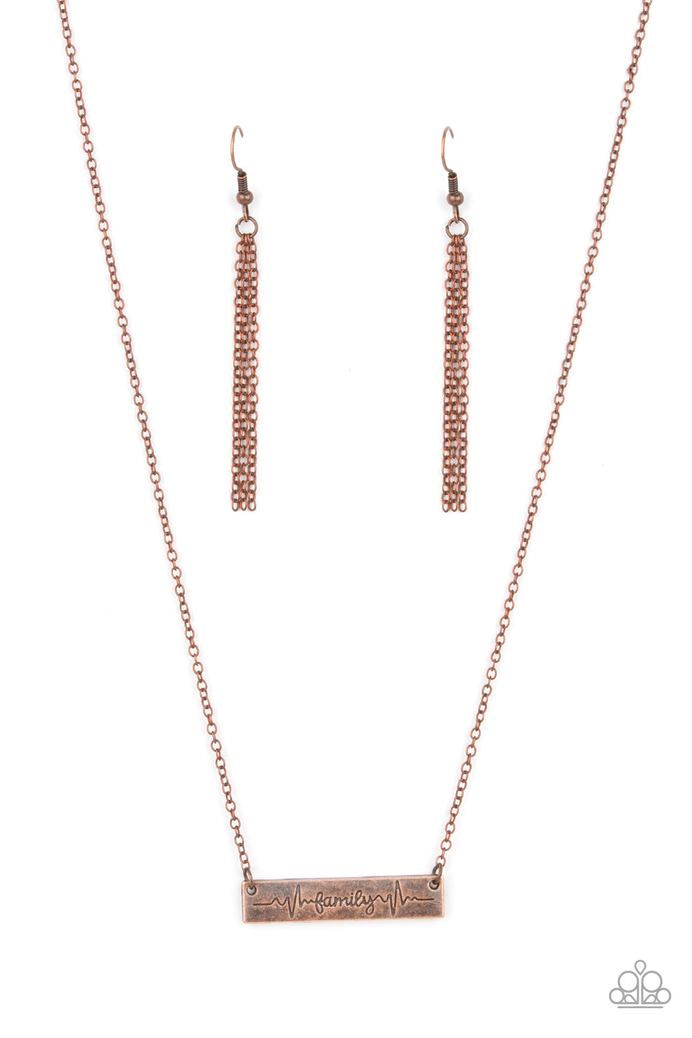 Living The Mom Life Copper Necklace - Paparazzi Accessories  The word "Family," is inscribed between symbolic life lines on a rectangular copper plate creating an affectionate keepsake on a dainty copper chain below the collar. Features an adjustable clasp closure.  Sold as one individual necklace. Includes one pair of matching earrings.