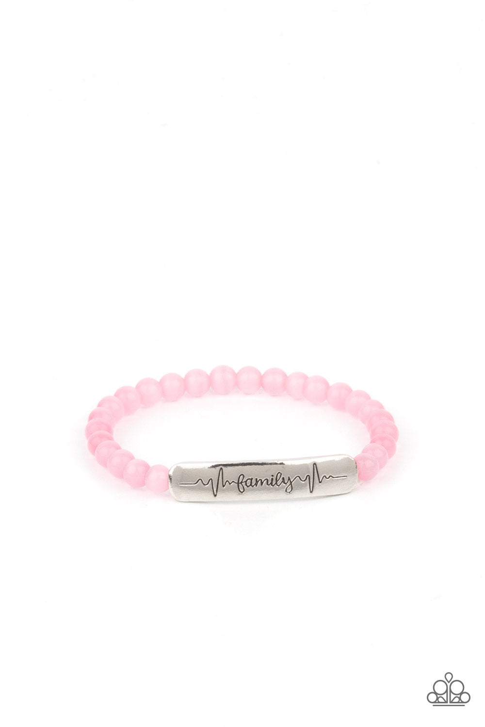 Family is Forever Pink Bracelet - Paparazzi Accessories  Stamped in heartbeats and the word, "Family," a shiny silver plate attaches to a strand of pink cat's eye stone beads that are threaded along a stretchy band, creating a whimsically sentimental centerpiece around the wrist.  Sold as one individual bracelet.