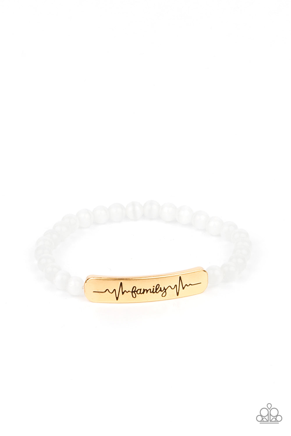 Family is Forever Gold Bracelet - Paparazzi Accessories  Stamped in heartbeats and the word, "Family," a glistening gold plate attaches to a strand of white cat's eye stone beads that are threaded along a stretchy band, creating a whimsically sentimental centerpiece around the wrist.  Sold as one individual bracelet.
