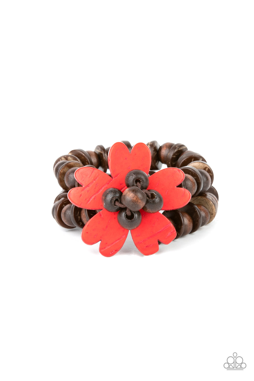 Tropical Flavor Red Wooden Bracelet - Paparazzi Accessories.  Featuring heart-shaped petals, a bright red wooden flower sits atop double strands of wooden beads threaded along stretchy bands for a tropical flair atop the wrist.  ﻿﻿﻿All Paparazzi Accessories are lead free and nickel free!  Sold as one individual bracelet.