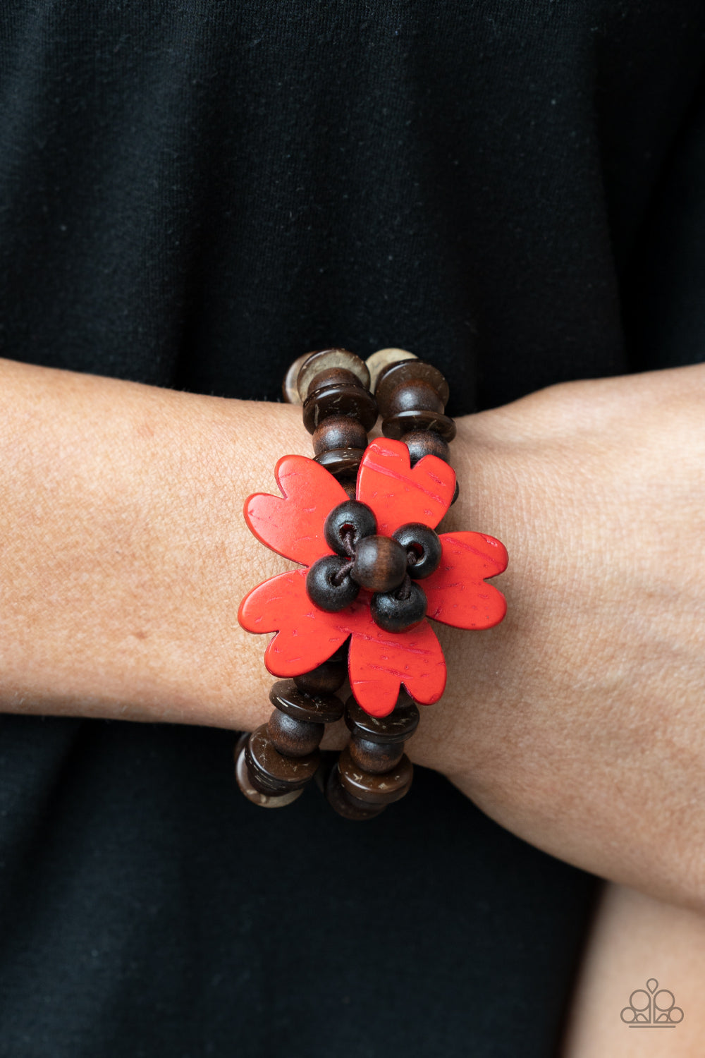 Tropical Flavor Red Wooden Bracelet - Paparazzi Accessories.  Featuring heart-shaped petals, a bright red wooden flower sits atop double strands of wooden beads threaded along stretchy bands for a tropical flair atop the wrist.  ﻿﻿﻿All Paparazzi Accessories are lead free and nickel free!  Sold as one individual bracelet.