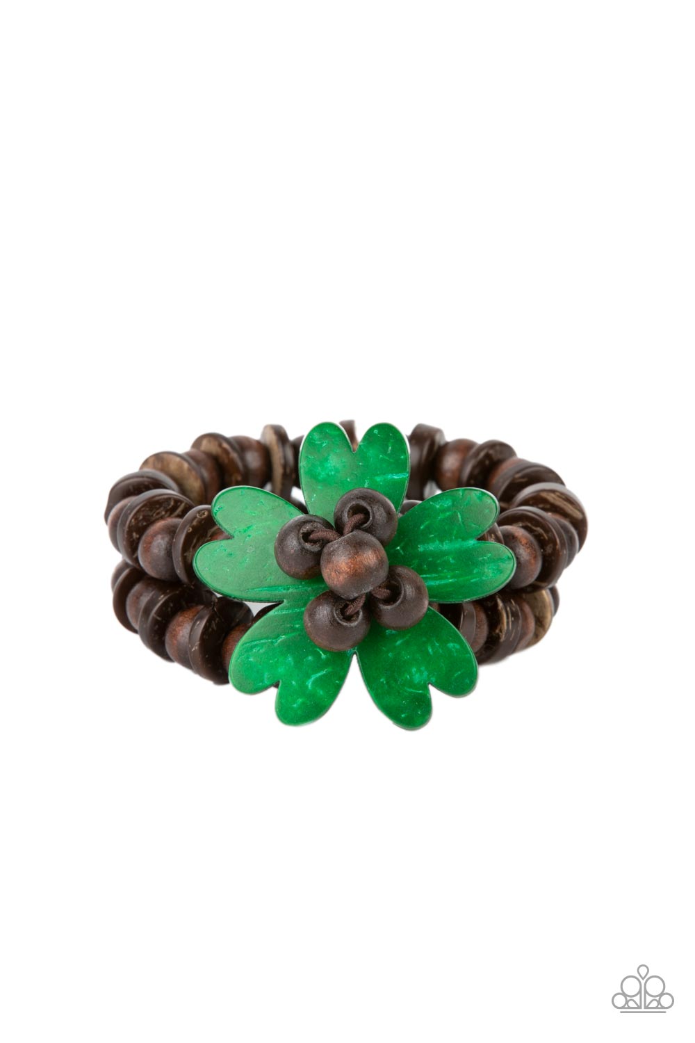 Tropical Flavor Green Bracelet - Paparazzi Accessories  Featuring heart-shaped petals, a bright green wooden flower sits atop double strands of wooden beads threaded along stretchy bands for a tropical flair atop the wrist.  Sold as one individual bracelet.