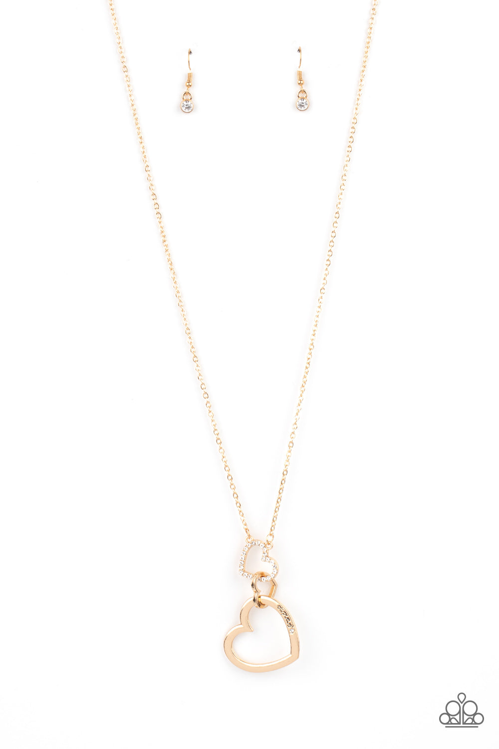 Grandma Glow Gold Necklace - Paparazzi Accessories  A gold heart engraved with the word "Grandma," dangles from two smaller hearts at the bottom of a lengthened shimmery gold chain. The first heart is accented with sparkly white rhinestones creating an affectionately sentimental pendant. Features an adjustable clasp closure.  Sold as one individual necklace. Includes one pair of matching earrings.
