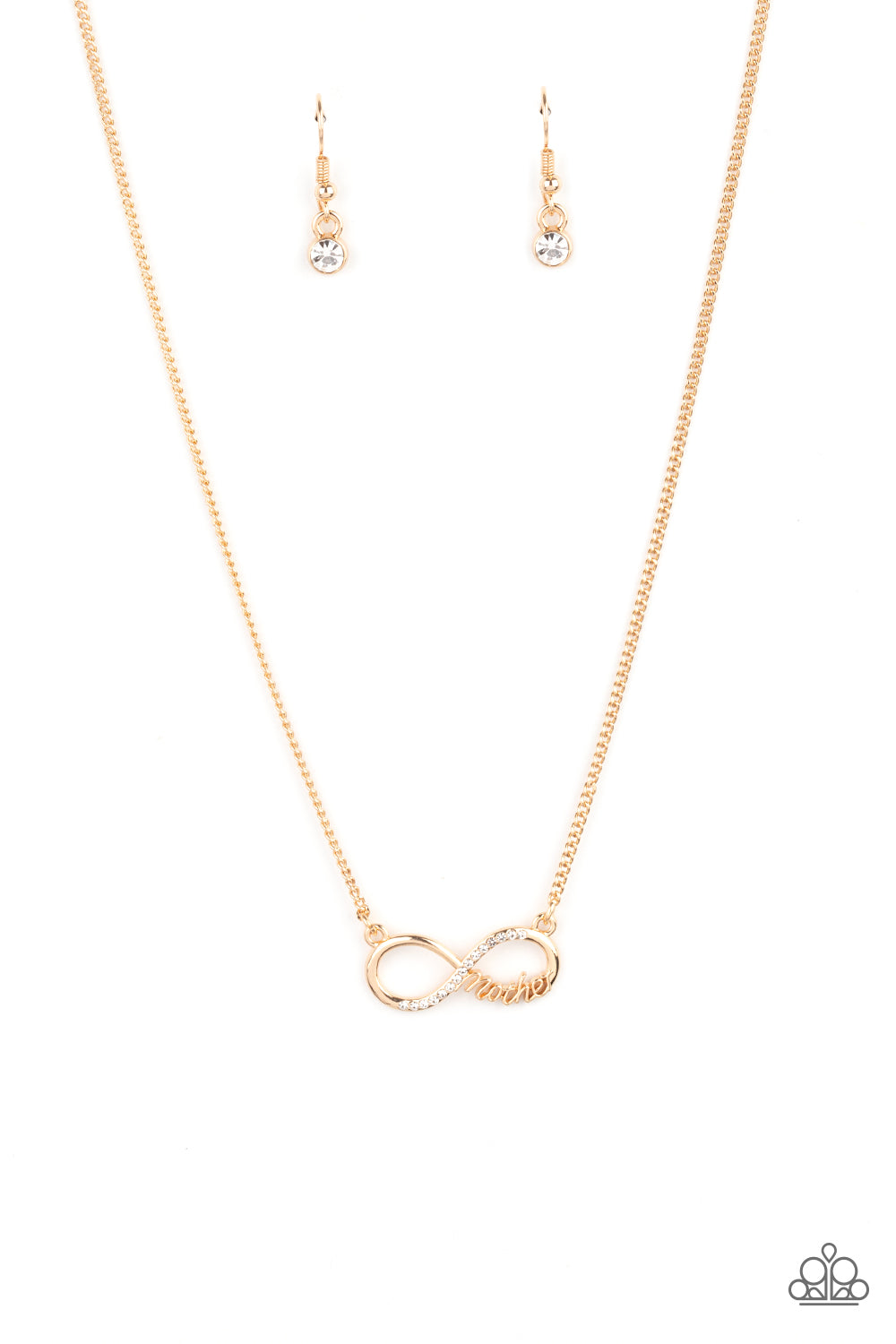 Forever Your Mom Gold Necklace - Paparazzi Accessories  A bright gold infinity symbol features the word "Mother" in filigree script across the bottom. A row of sparkly dainty rhinestones travels across the curve creating a lovingly charming sentiment as it connects to a dainty gold chain below the collar. Features an adjustable clasp closure.  Sold as one individual necklace. Includes one pair of matching earrings.
