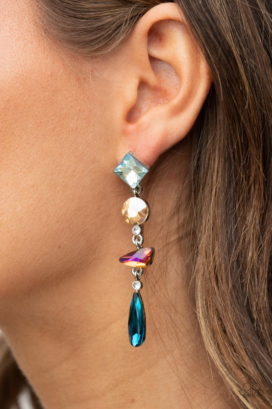Rock Candy Elegance Multi Earring - Paparazzi Accessories  A mismatched collection of colorfully iridescent and brilliantly sparkling gems are linked together in elegant succession as they fall glamorously from the ear. Earring attaches to a standard post fitting.  All Paparazzi Accessories are lead free and nickel free!  Sold as one pair of post earrings.